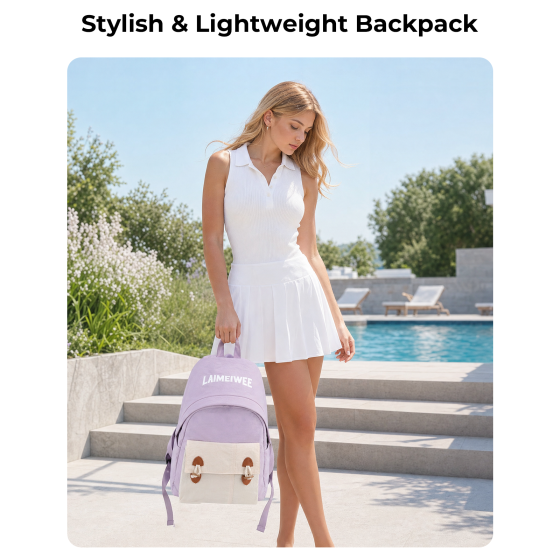 Lightweight Casual Backpack for Women, School Backpack for Teen Girls & Boys, Water-repellent Taslon Fabric, Stylish Daypack for College Travel Everyday Use, Fits 14" Laptop, Purple & Beige